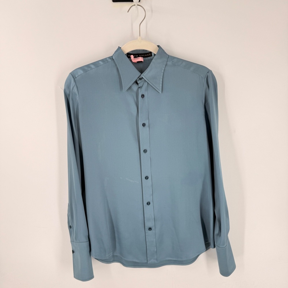 Ralph Lauren Silk Button Down Shirt Blue Gray 6 Workwear Office Chic
